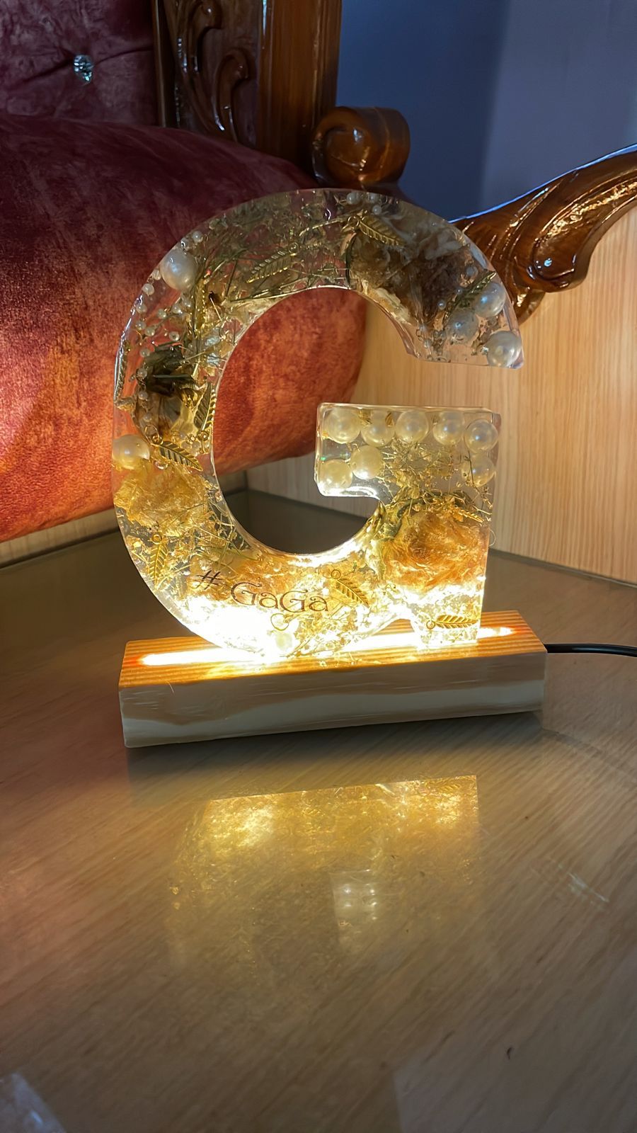 Tailored Resin Initial with Illuminated Wooden Stand