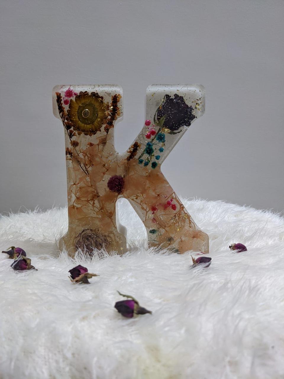 Radiant Monogram: Large Resin Letter "K" Illuminated with Preserved Flowers