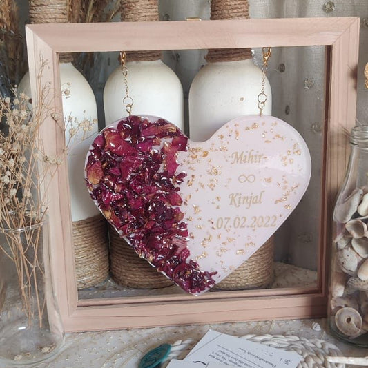 Radiant Blossom Hearts: Resin Flower Heart Hanging with LED Wooden Stand