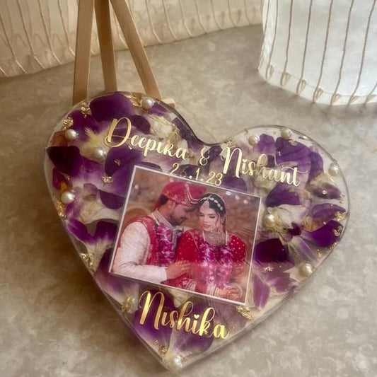 Handcrafted Heart Resin Block with Varmala and Couples Photo