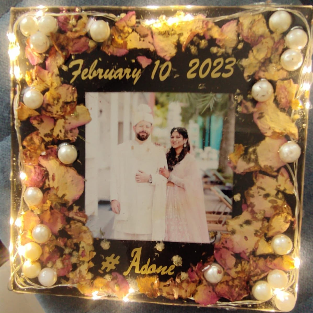 Luminescent Affection: LED Resin Varmala Square Block Frame with Picture