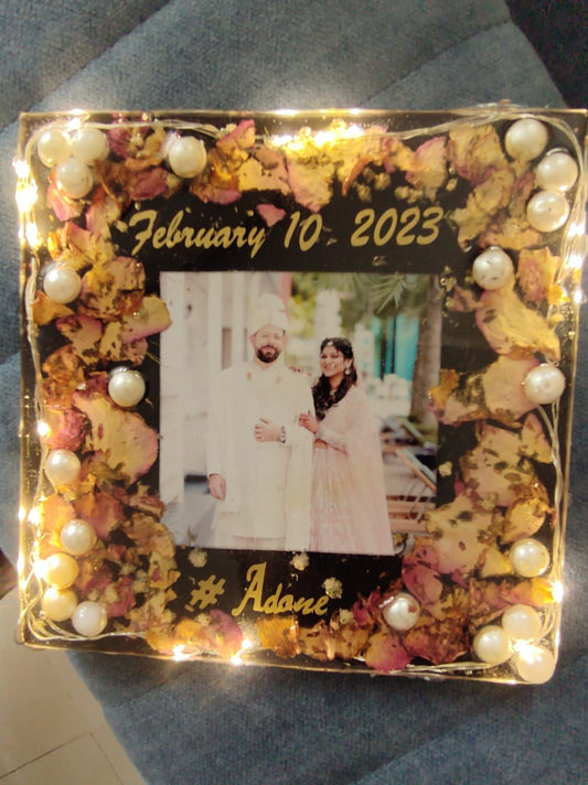 Luminescent Affection: LED Resin Varmala Square Block Frame with Picture
