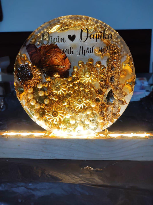 Blossom Glow Radiant Round Resin Wedding Flower Keepsake with LED Wooden Stand