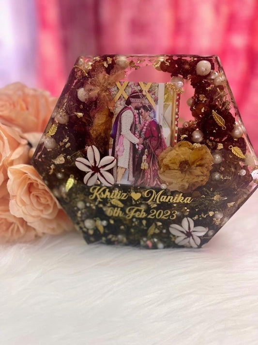 Blooming Unity varmala Resin Hexagonal Block with Couples Picture and Preserved Wedding Flowers