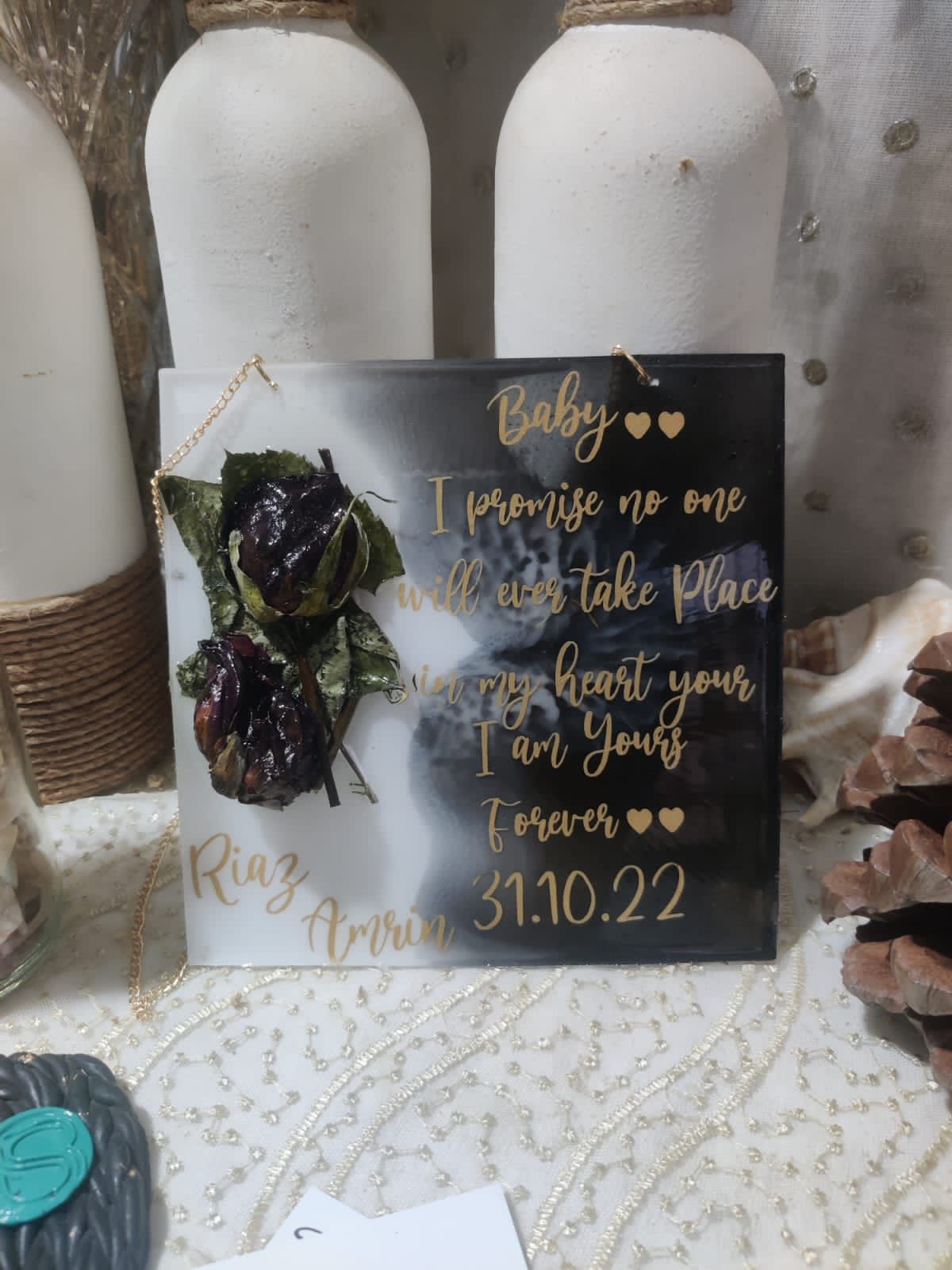 Eternal Marble Blooms: Resin Square Block with Preserved Roses and Couples' Names