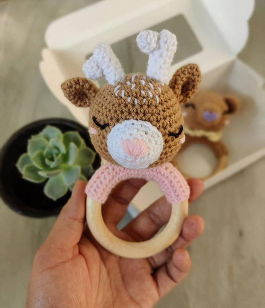 Sleepy Deer Wooden Crochet Teething Ring Rattle