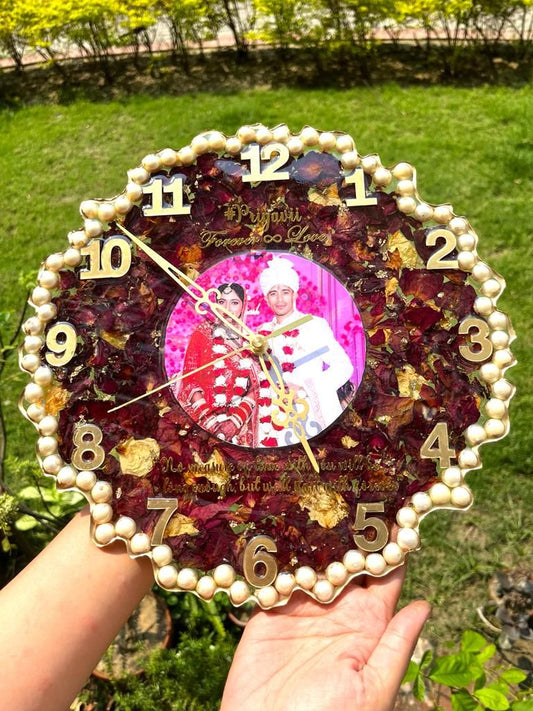 Roses Forever: Resin Roses Preserved Wall Clock with Couples' Photo