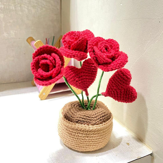 LoveBlooms: Handcrafted Crochet Rose and Heart Pot