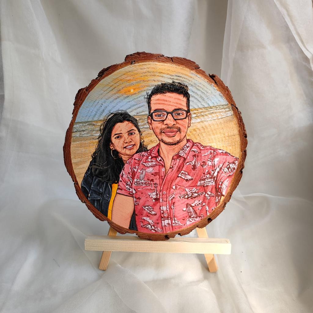 Shared Memories: 6-Inch Wooden Slice with Artistic Portraits and Background